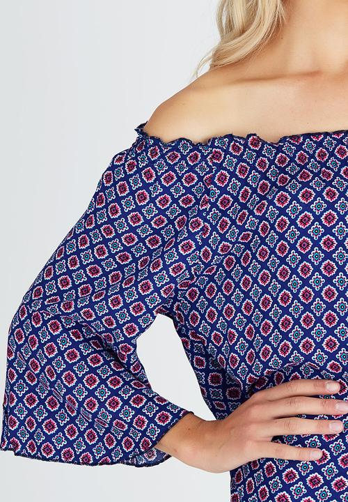 Slick - Printed Off The Shoulder Top Blue