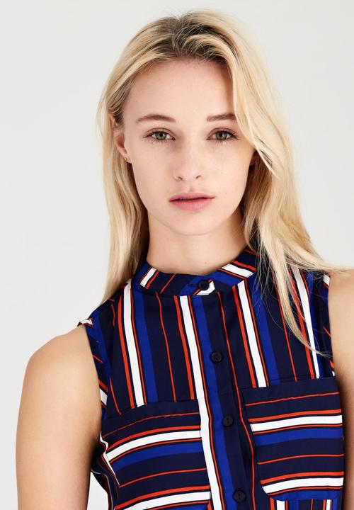 London Hub - Sleeveless Striped Longline Shirt Navy