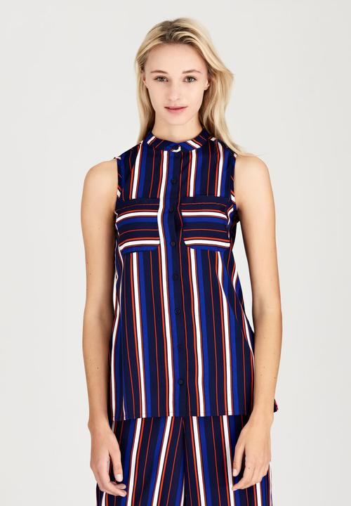 London Hub - Sleeveless Striped Longline Shirt Navy