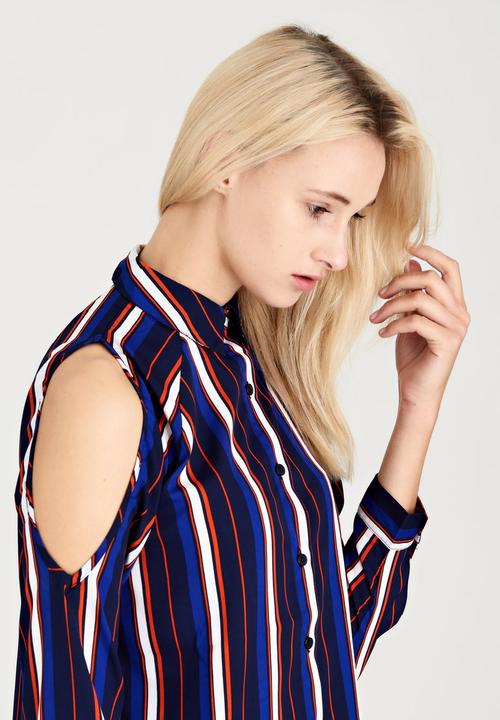 London Hub - Striped Cold Shoulder Shirt Navy