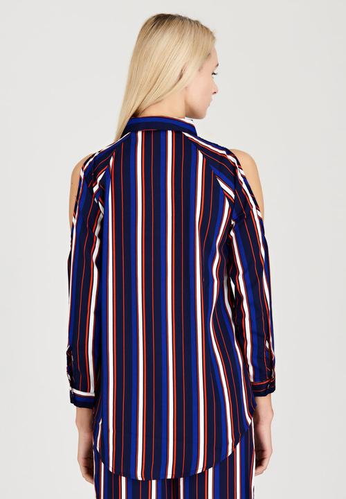 London Hub - Striped Cold Shoulder Shirt Navy