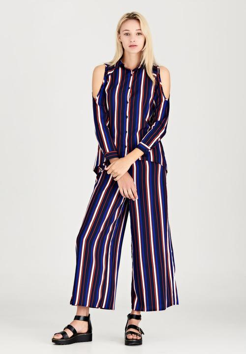 London Hub - Striped Cold Shoulder Shirt Navy
