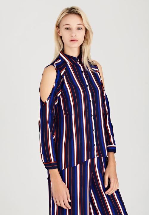 London Hub - Striped Cold Shoulder Shirt Navy