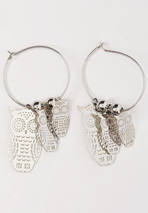 Pop Candy - Owl Charm Hoop Earrings Silver