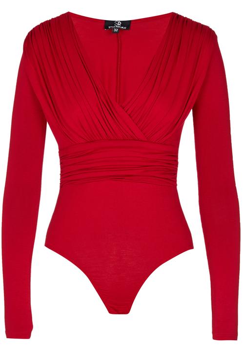 STYLE REPUBLIC - V-neck Drape Bodysuit Dark Red
