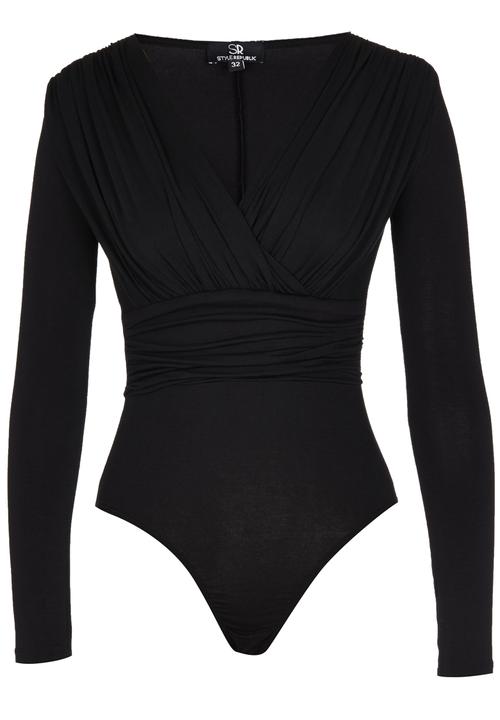 STYLE REPUBLIC - V-neck Drape Bodysuit Black