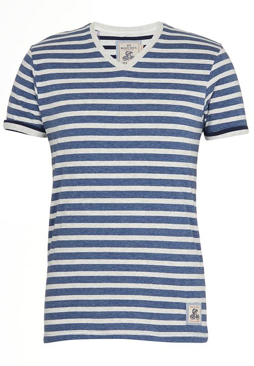 Brave Soul - V-Neck Stripe T-Shirt Blue