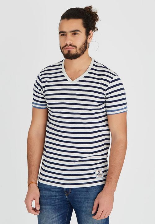 Brave Soul - V-Neck Stripe T-Shirt Navy