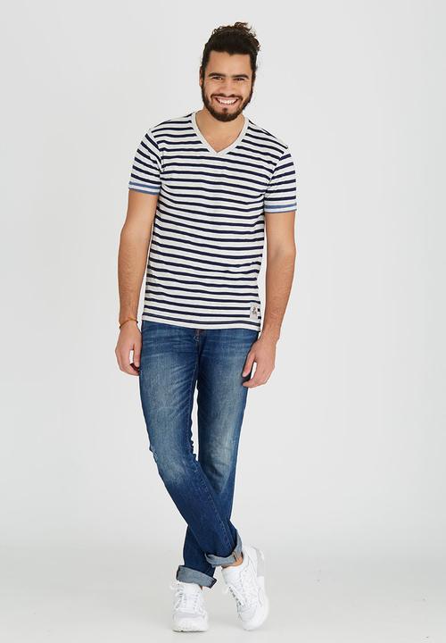 Brave Soul - V-Neck Stripe T-Shirt Navy