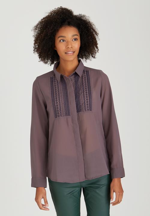 Brave Soul - Concealed Placket Sheer Shirt Dark Purple