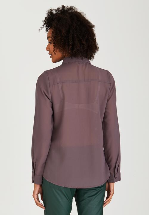 Brave Soul - Concealed Placket Sheer Shirt Dark Purple