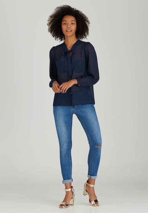 Brave Soul - Sheer Neck Tie Detail Blouse Navy