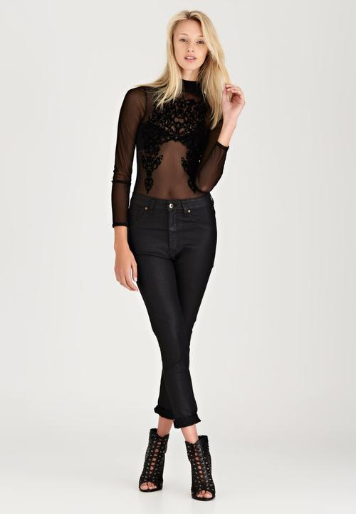 London Hub - Sheer Flock Mesh Bodysuit Black