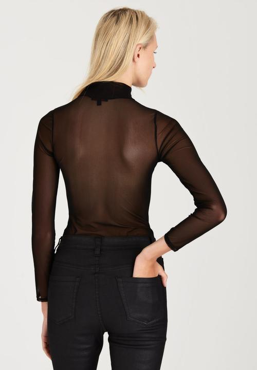 London Hub - Sheer Flock Mesh Bodysuit Black