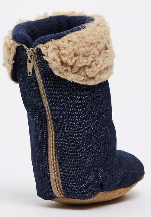 Myang - Denim & Beige Sheepskin  Boots Mid Blue