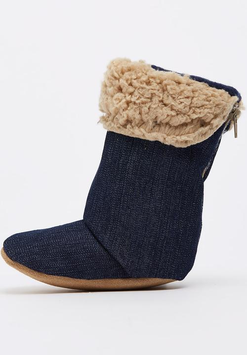 Myang - Denim & Beige Sheepskin  Boots Mid Blue