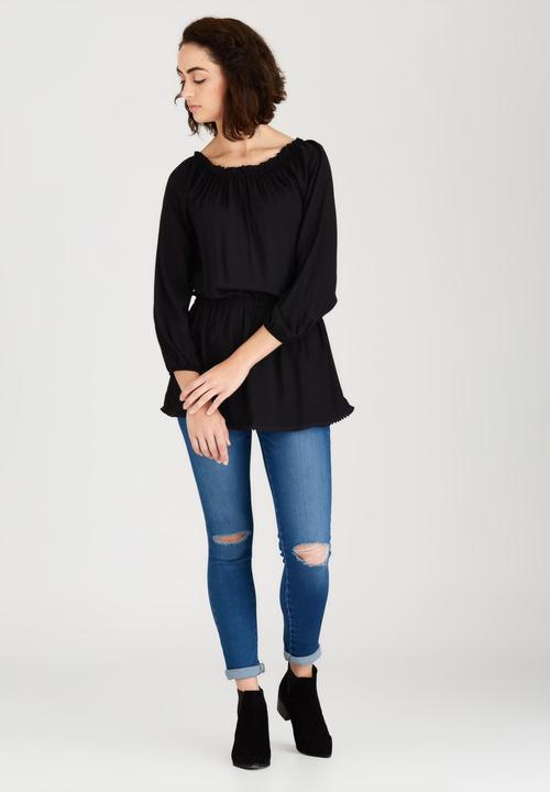 c(inch) - Peasant Tunic with Elastic Waist Black