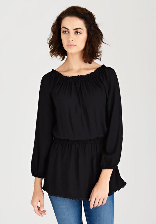 c(inch) - Peasant Tunic with Elastic Waist Black