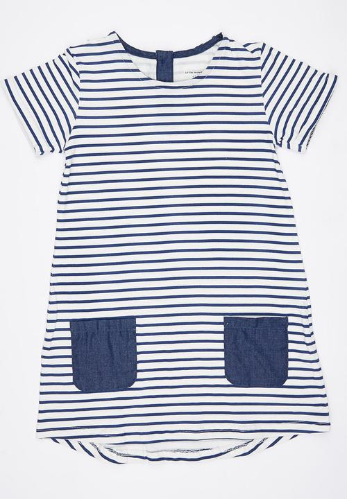 Pop Candy - Girls Printed Stripe Dress Blue and White
