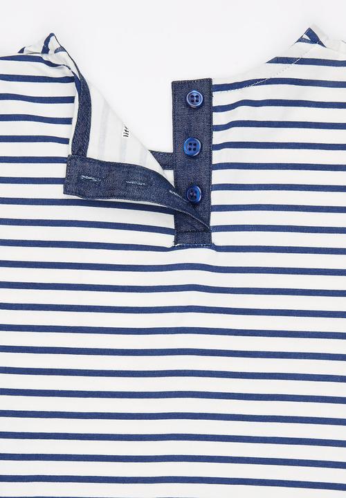 Pop Candy - Girls Printed Stripe Dress Blue and White