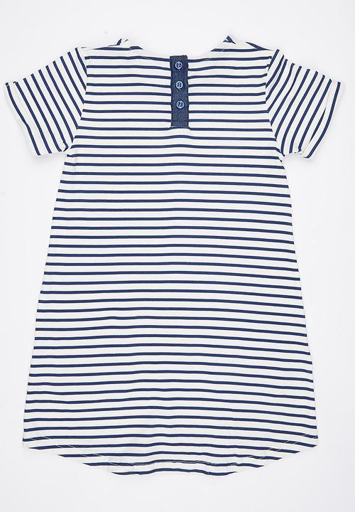 Pop Candy - Girls Printed Stripe Dress Blue and White