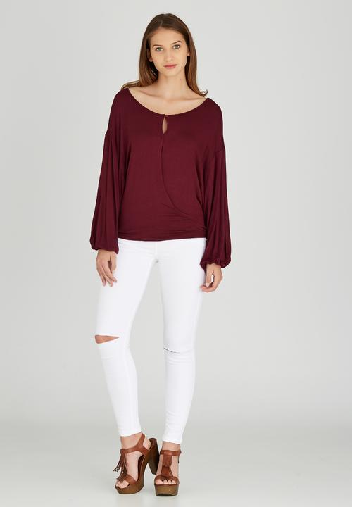 Brave Soul - Long Sleeve Drape Cross-over Top Dark Red