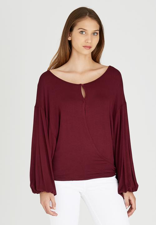 Brave Soul - Long Sleeve Drape Cross-over Top Dark Red