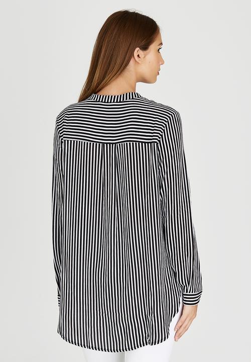 Brave Soul - Mandarin Collar Stripe Shirt Black and White