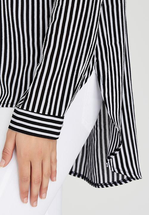 Brave Soul - Mandarin Collar Stripe Shirt Black and White
