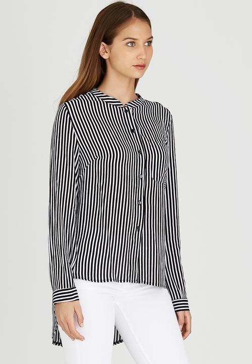 Brave Soul - Mandarin Collar Stripe Shirt Black and White