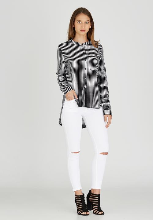 Brave Soul - Mandarin Collar Stripe Shirt Black and White