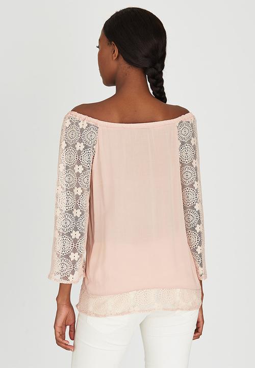 Slick - Freda Lace Sleeve Boho Blouse Pale Pink