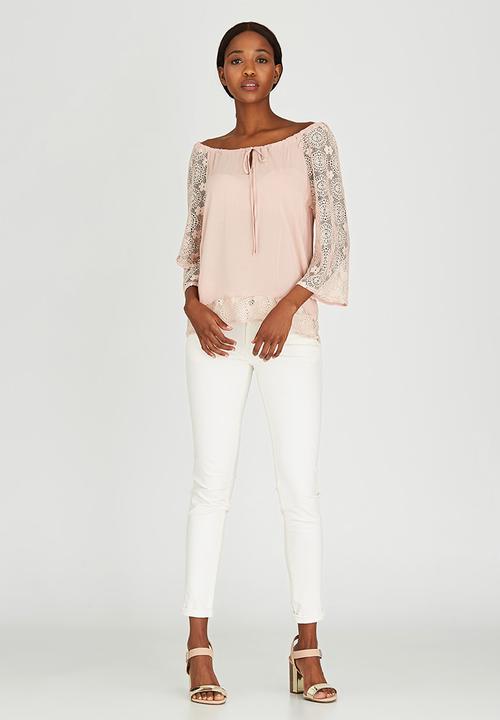 Slick - Freda Lace Sleeve Boho Blouse Pale Pink