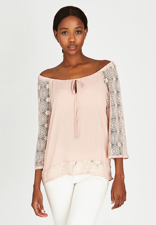 Slick - Freda Lace Sleeve Boho Blouse Pale Pink