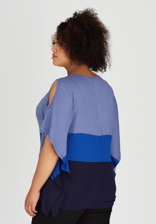 edit Plus - Colour Blocked Cold Shoulder Top Blue