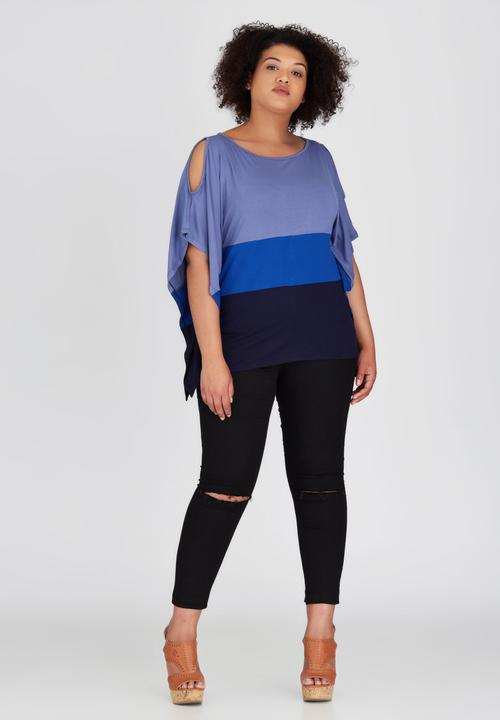 edit Plus - Colour Blocked Cold Shoulder Top Blue