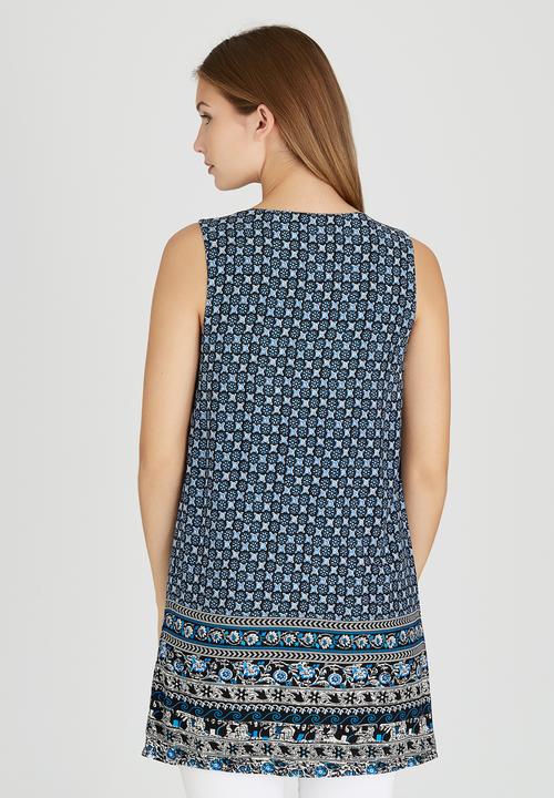 Revenge - Border Print Sleeveless Tunic  Blue and White