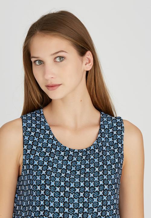 Revenge - Border Print Sleeveless Tunic  Blue and White