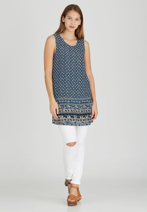Revenge - Border Print Sleeveless Tunic  Blue and White