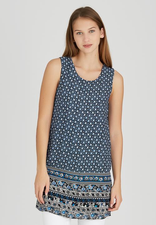 Revenge - Border Print Sleeveless Tunic  Blue and White