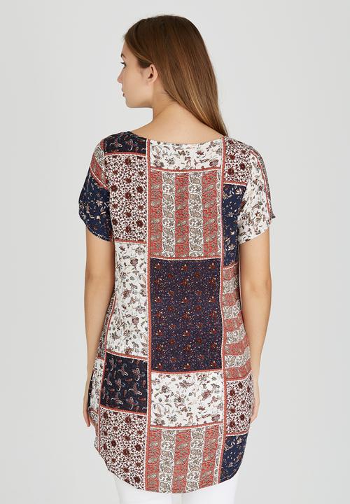 Revenge - Pastel Patchwork Print Cap Sleeve Tunic Navy