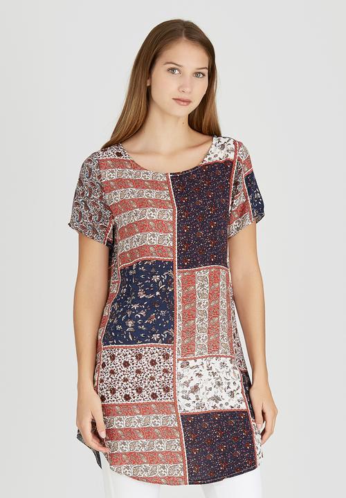 Revenge - Pastel Patchwork Print Cap Sleeve Tunic Navy
