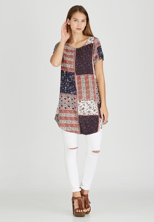 Revenge - Pastel Patchwork Print Cap Sleeve Tunic Navy