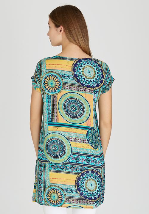 Revenge - Patchwork Print Cap Sleeve Tunic Mid Blue