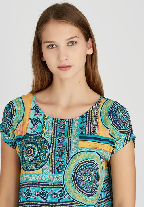 Revenge - Patchwork Print Cap Sleeve Tunic Mid Blue