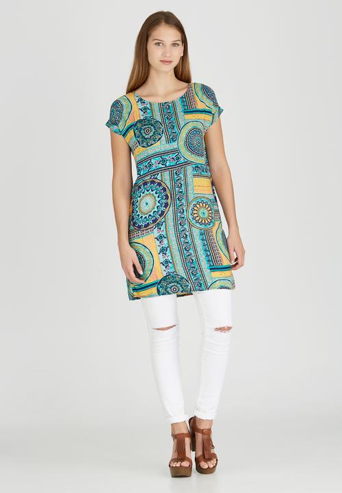 Revenge - Patchwork Print Cap Sleeve Tunic Mid Blue