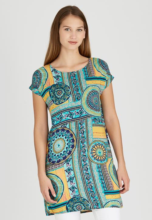 Revenge - Patchwork Print Cap Sleeve Tunic Mid Blue
