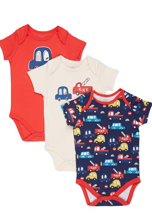 Soobe - 3 Pack Car Printed Babygrows Multi-colour
