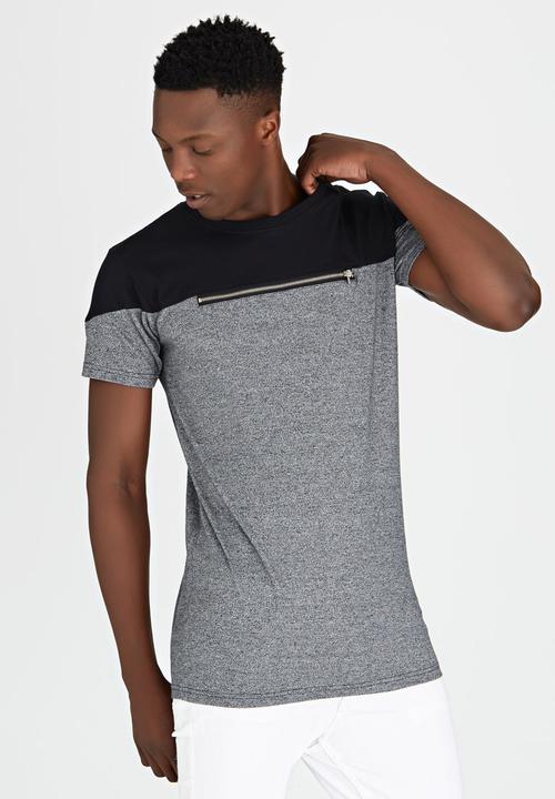Brave Soul - Eclipse Crew Neck T-Shirt with Zip Detail Grey