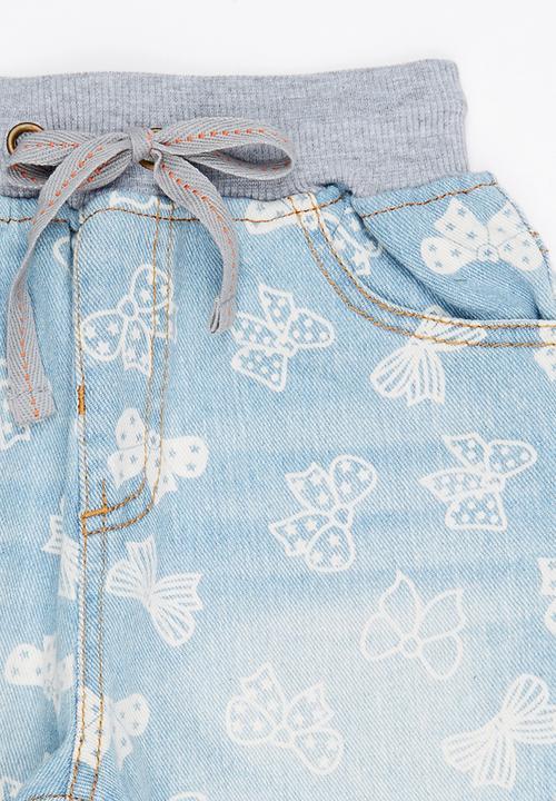 Pop Candy - Printed Bows  Denim Shorts Pale Blue
